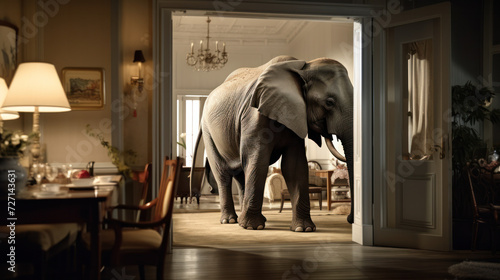 Big elephant in the living room. Photo and cg elements combination concept