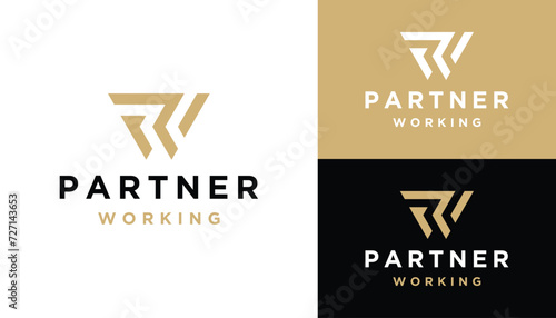 Golden Initial Letter W P WP with Modern Triangle Line Art Logo Design