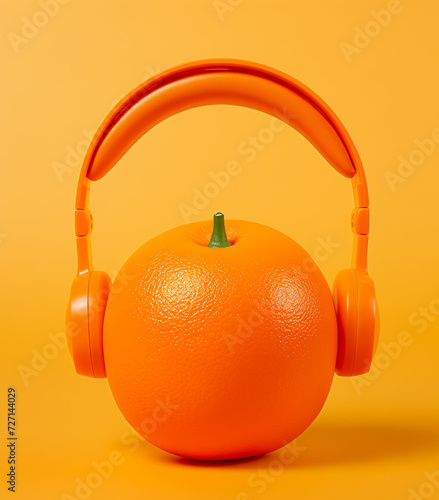 orange with headphones.Minimal creative food concept.Trendy social mockup or wallpaper with copy space.Top view.Generative AI