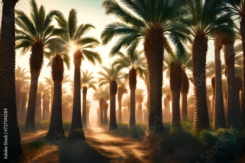 An idyllic date palm plantation bathed in soft light, the HD camera presenting the scene in immersive © Fajar