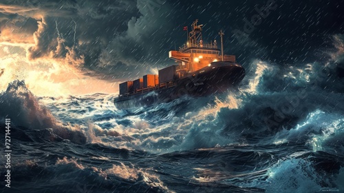 Container ship navigating stormy waters, waves crashing, dark atmospheric tones, detailed linework, dramatic depiction Generative AI