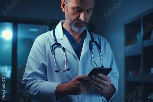 Mobile technology in healthcare. doctor using smartphone and stethoscope in modern office photo