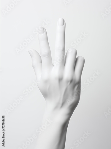 White hand with two bent and three extended fingers in close-up.Minimal gesture concept.Top view,copy space,flat lay.Generative AI