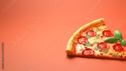Slice of pizza on orange background. Copy space. Food backgrounds