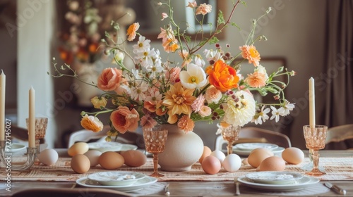 Vase Filled With Flowers on Easter Table