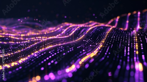 Digitally generated image of abstract flow data made of glowing purple and yellow numbers and curves.