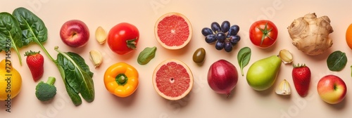 Organic fruits and vegetables and healthy vegetarian ingredients on a beige background. healthy food eating clean food Diet and detox environmentally friendly No plastic concept  lays flat.