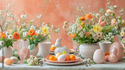 Easter Table Topped With Vases Filled With Flowers and Easter Eggs