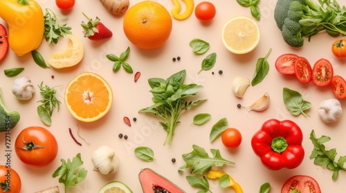 Organic fruits and vegetables and healthy vegetarian ingredients on a beige background. healthy food eating clean food Diet and detox environmentally friendly No plastic concept, lays flat.