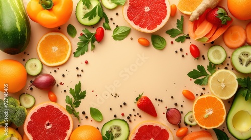 Organic fruits and vegetables and healthy vegetarian ingredients on a beige background. healthy food eating clean food Diet and detox environmentally friendly No plastic concept  lays flat.