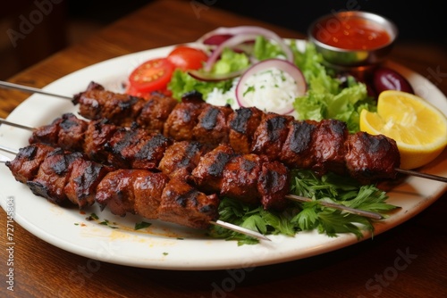 A delicious kebab with vegetables at the restaurant