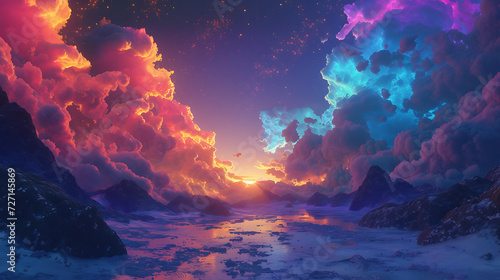 A vivid 3D landscape features neon clouds swirling in a fantastical sky, creating a dreamy and mesmerizing scene © thisisforyou