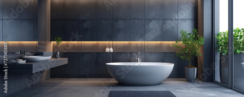 modern bathroom interior with panoramic windows and a large gray bathtub in gray shades