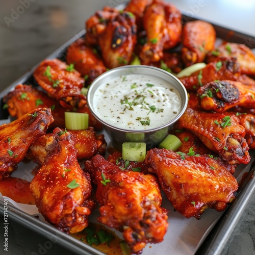 a party platter of wings on a tray with dressing in the middle