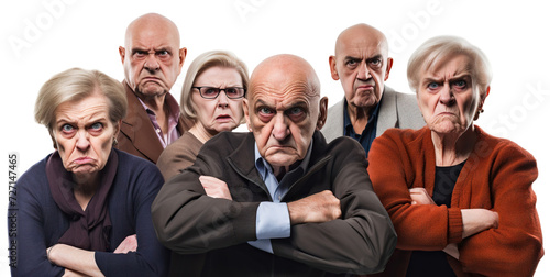 Group of elderly individuals stand with arms crossed and stern faces, showcasing their collective dissatisfaction, cut out photo