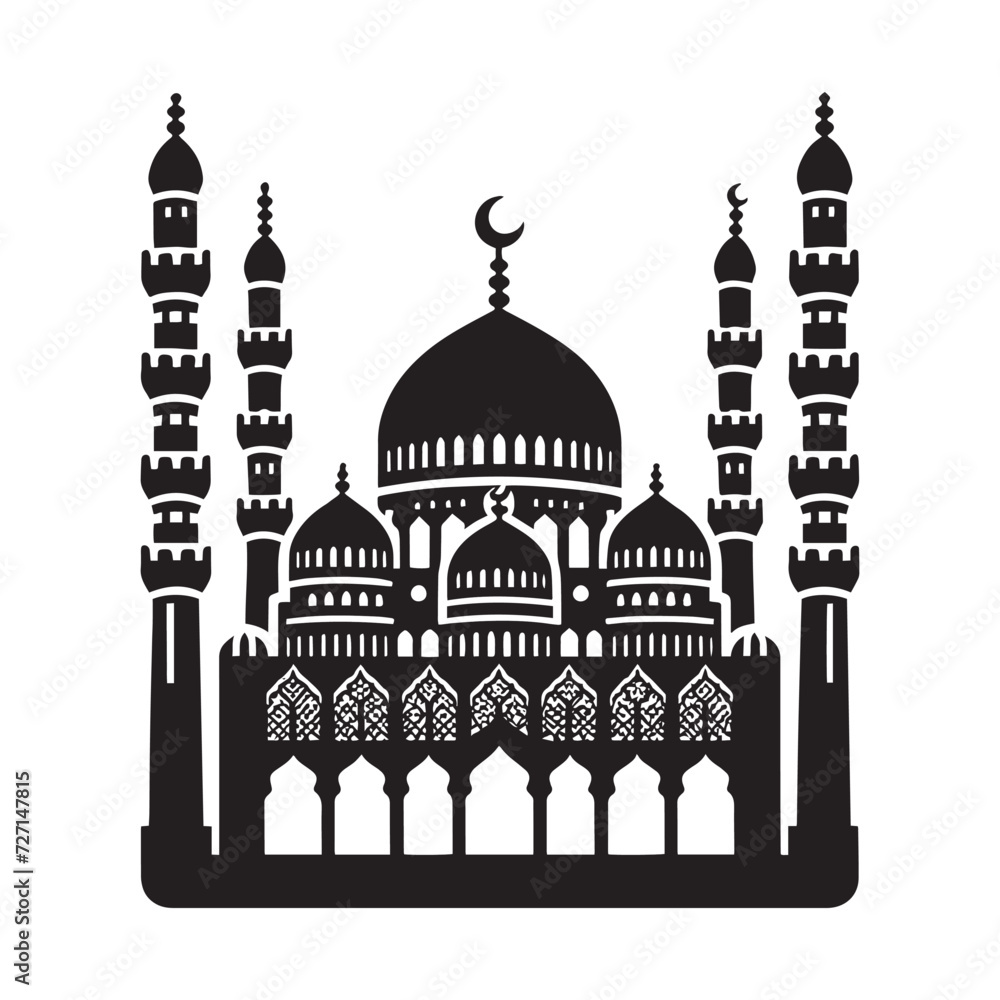 Silhouetted Mosque Majestic Icon of Islamic Architecture and Spiritual Serenity black and white