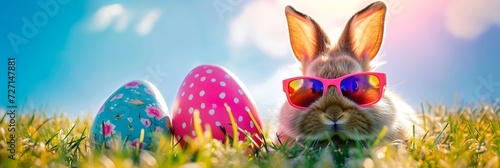 easter background bunny with sun glasses bright and easter egg 