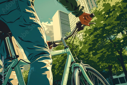 City bike cyclists shown in a contemporary athletic abstract design of a green environment cityscape, stock illustration image photo