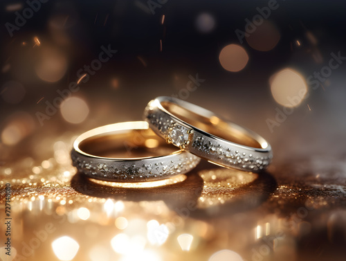 Golden wedding rings symbolizing love and marriage,two wedding rings are together on a glittering surface ,Generative Ai