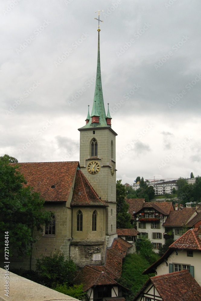 View of church and rooftops in Bern, Switzerland