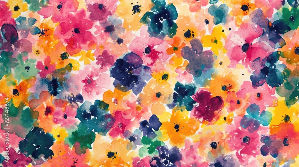 abstract colorful background, A happy, sunny watercolour background of various densely packed European summer blossoms.