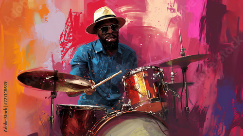 Afro-American male jazz drummer musician playing a drum kit in an abstract vintage distressed style painting for a poster or flyer, stock illustration image photo
