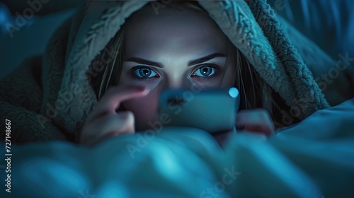 woman hiding under blanket Talking and surfing the internet with a smartphone late at night in bed.