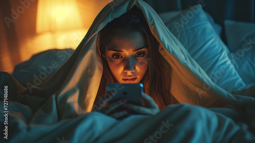 woman hiding under blanket Talking and surfing the internet with a smartphone late at night in bed.