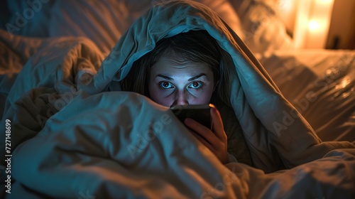 woman hiding under blanket Talking and surfing the internet with a smartphone late at night in bed.