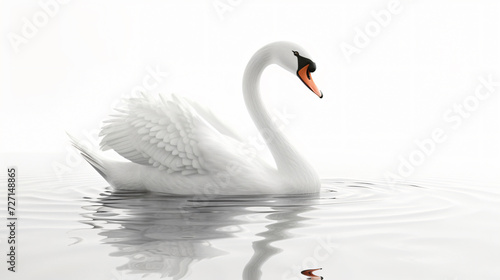 A breathtakingly lifelike 3D rendering of a serene swan gracefully floating on calm waters, beautifully isolated against a pure white background. The intricate details and exquisite textures