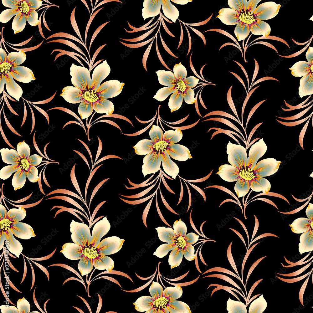 seamless bright flower allover design with black background