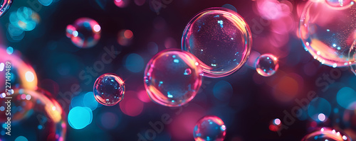 Abstract composition of neon-lit bubbles in a dark space, with vibrant colors and reflections adding a touch of magic to the scene