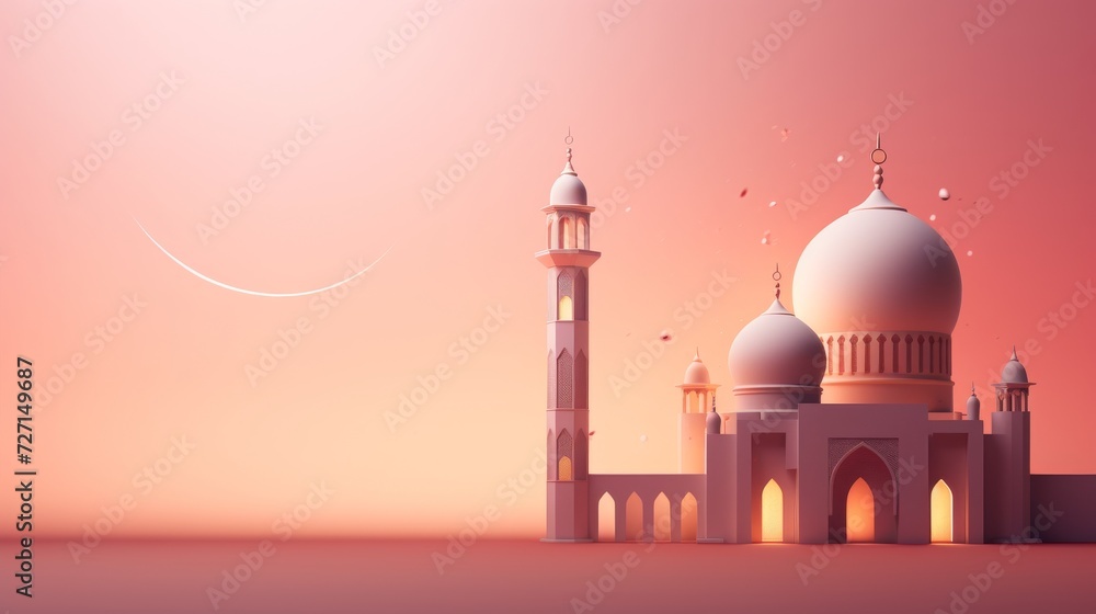 Happy Ramadan Background with Mosque and half moon