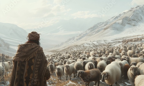 large flock of cashmere sheep in himalaya mountains photo
