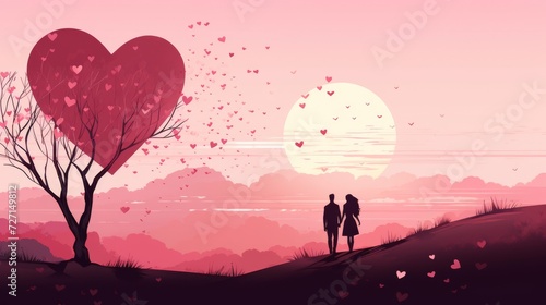 Romantic Valentine s day background with silhouette of a couple near tree with hearts during sunset