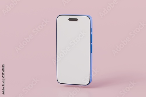 3D Minimal blue mobile phone or smart phone with empty screen icon. Cartoon smartphone isolated on pink pastel background. Phone device Mockup. 3d minimal cartoon design creative icon. 3D Rendering.