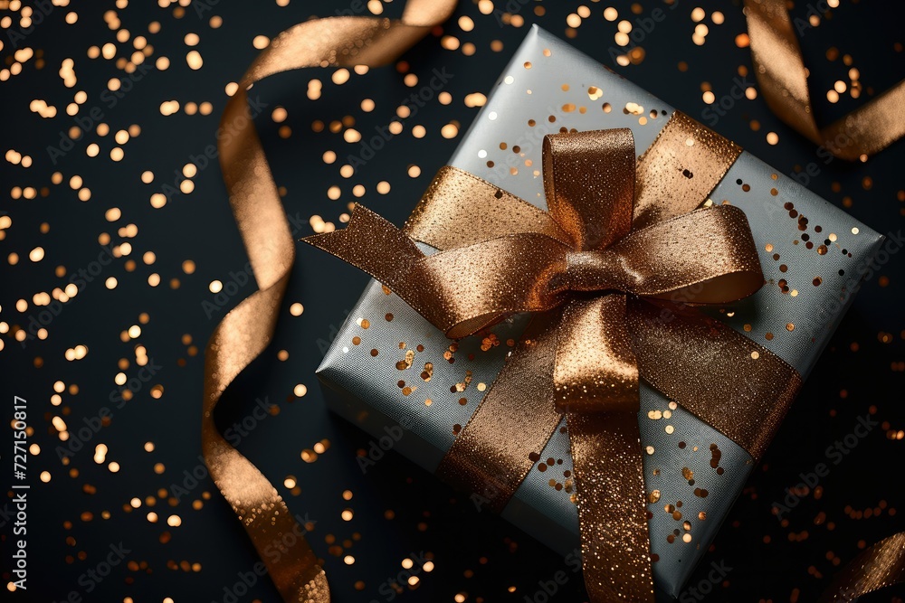 Present box with gold ribbon on black background with golden confetti. Top view. Generative AI. Present box with gold ribbon on black background with golden confetti. Top view. Generative AI.