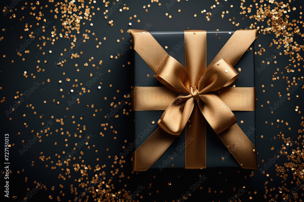 Present box with gold ribbon on black background with golden confetti. Top view. Generative AI. Present box with gold ribbon on black background with golden confetti. Top view. Generative AI.