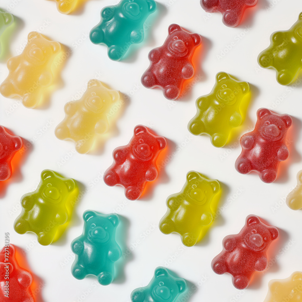 Close-up image of colorful bear-shaped gummy candies against a clean white backdrop Close-up image of colorful bear-shaped gummy candies against a clean white backdrop