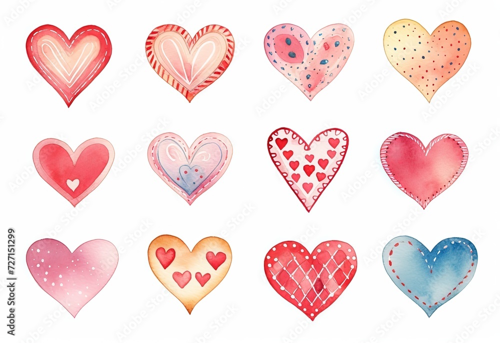 cute grungy watercolor texture small heart valentine sticker design set isolated white background with flower floral pattern, Ai Generated