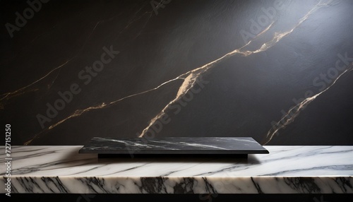 empty table marble black countertop on black wall background high quality photo