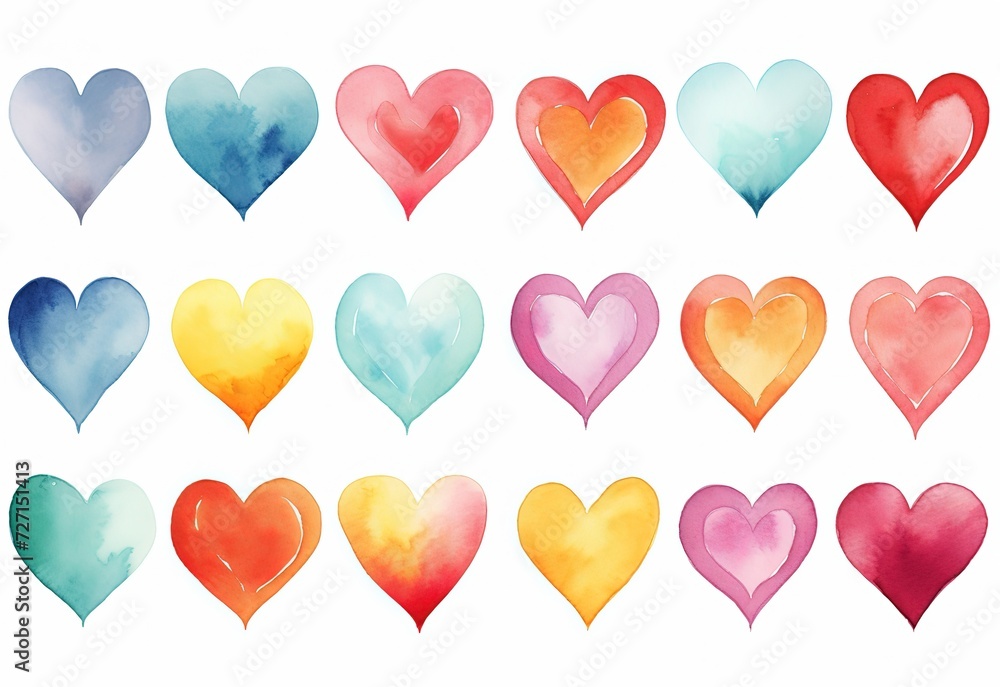 grungy watercolor cartoon hearts set isolated on white background, valentine's day sticker element theme, Generative Ai