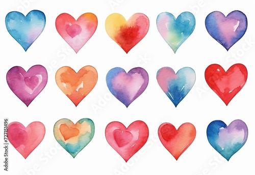 grungy watercolor cartoon hearts set isolated on white background, valentine's day sticker element theme, Generative Ai