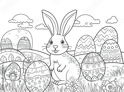  Coloring page of outlined bunny rabbit sitting on grass among flowers and many decorated Easter eggs