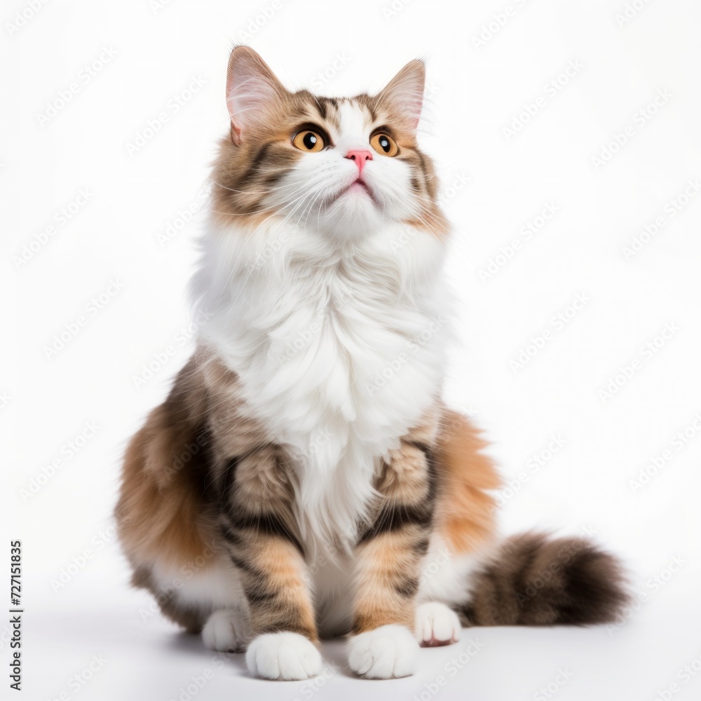 Joyful American Curl Cat sitting on a white background, curled ears, content look Generative AI