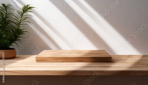 empty minimal natural wooden table counter podium beautiful wood grain in sunlight shadow on white wall for luxury cosmetic skincare beauty treatment decoration product display background 3d