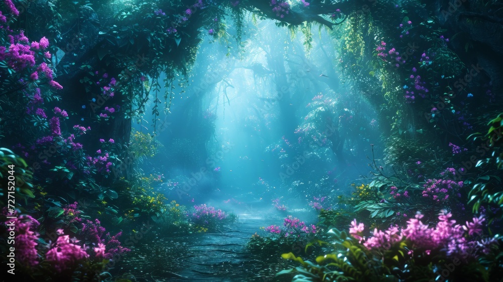 Obraz premium Magical fantasy event backdrop, enchanted forest, mythical creatures, and whimsical elements, great for fantasy-themed content, Generative AI