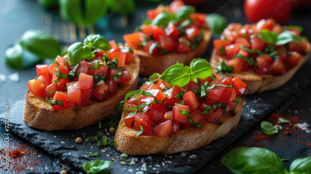 Italian cuisine Bruschetta with baked tomatoes basil and soft cheese Italian cuisine Bruschetta with baked tomatoes basil and soft cheese