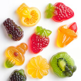 vibrant and realistic fruit-shaped gummies on a white background