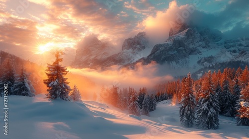 Magnificent snow-covered mountainscape enveloped by drifting clouds, sunrays painting the landscape with golden hues, a stunning display of natural beauty, Generative AI photo